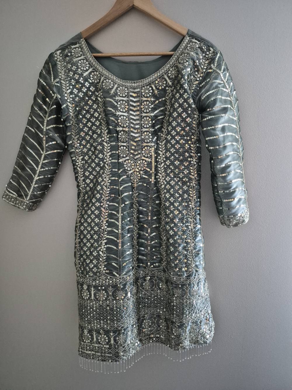Sequined Embroidered Tunic Dress Blue Grey Silver Beaded Party Kurta Top M